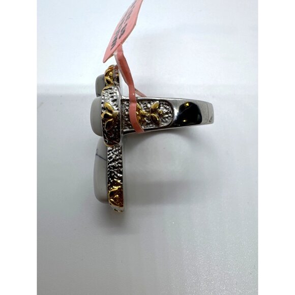 White Howlite Cross Ring Stainless Steel 316L Silver Gold Two Tone Statement - Picture 4 of 11